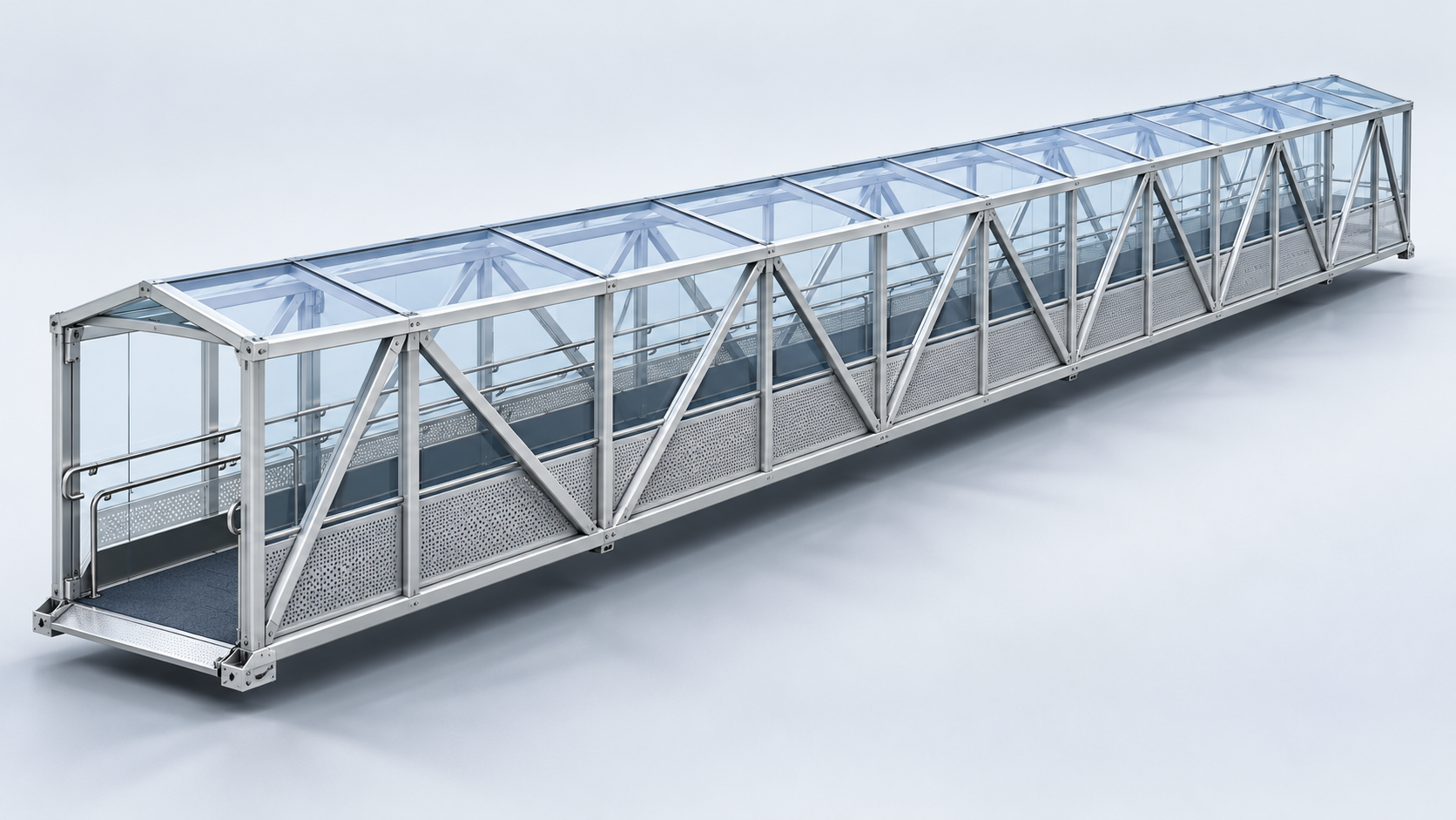 Illustrative aluminium gangway with truss sides, clear roof and handrails