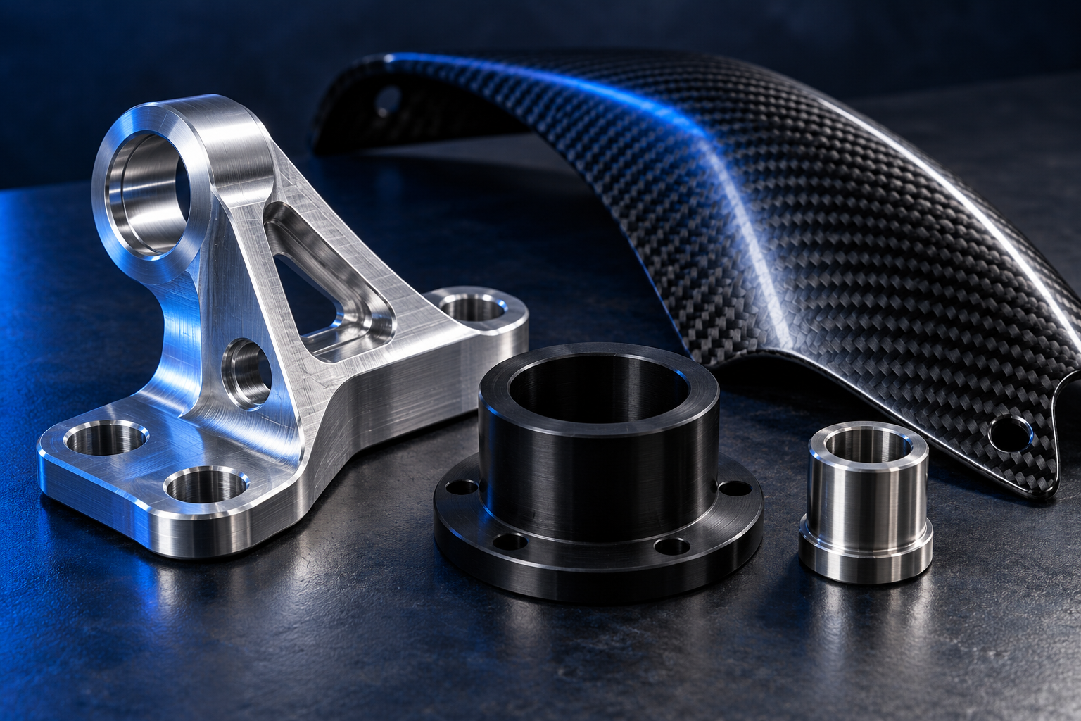Illustrative aluminium bracket, acetal bushing, stainless sleeve and carbon fibre panel